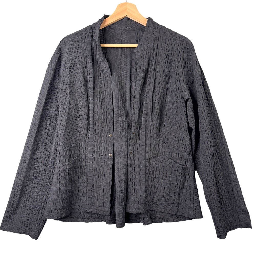 Babette SF Black Textured Pleated Snap Front Jacket Small Lagenlook Crinkle